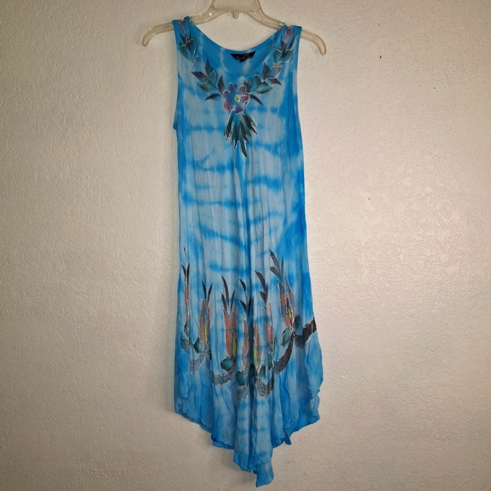 Riviera Sun Tye Dye Boho Sun Dress Blue White  Embroidered Medium